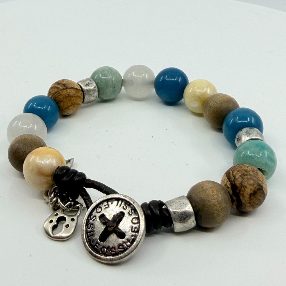 VTG Fossil Multi-Color Beaded Leather Bracelet with Key & Lock Charms